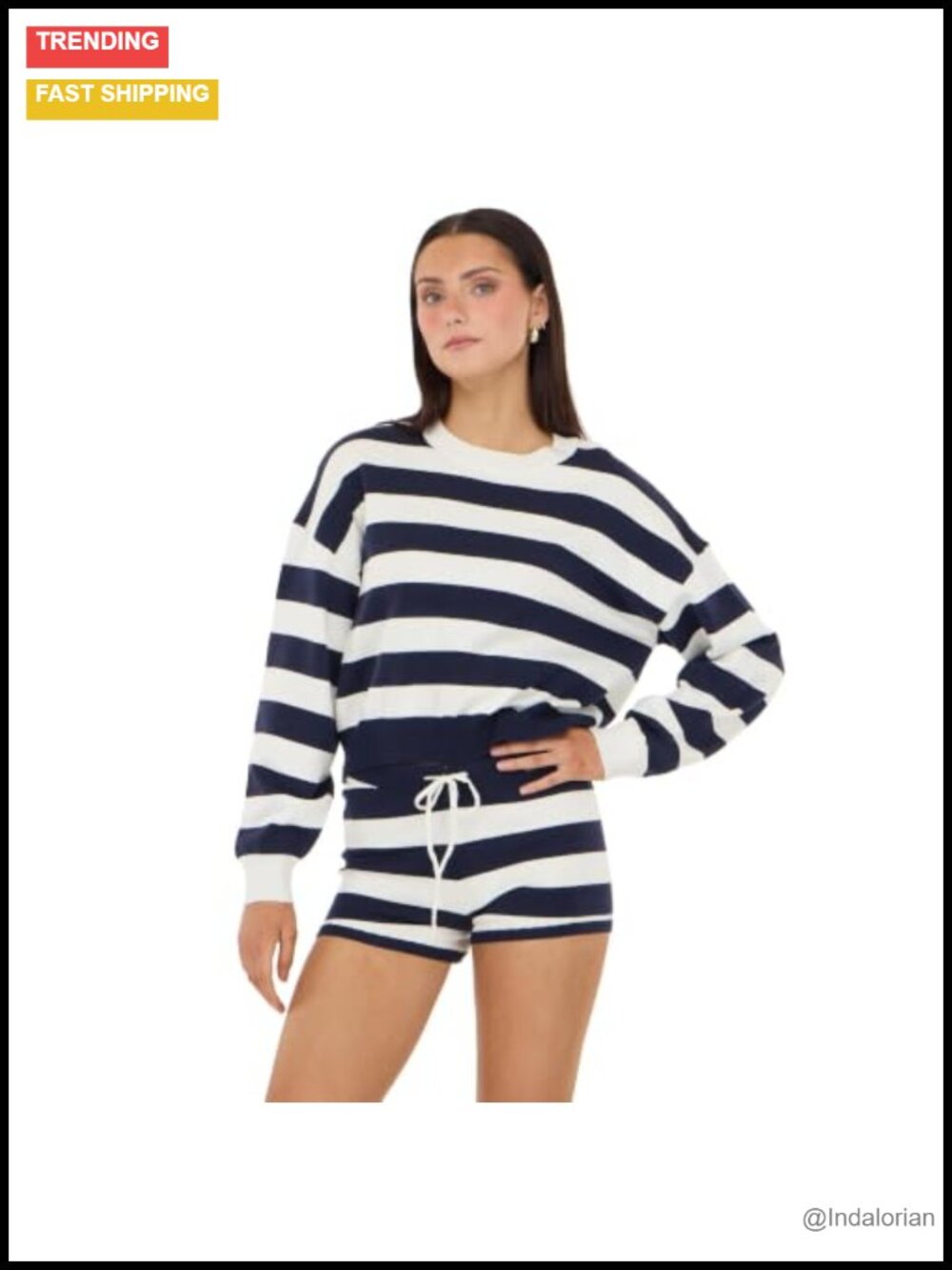 Cropped Intarsia Rugby Stripe Sweater and Shorts Two Piece Knit Set